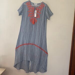 Hydra blue white stripe flowy cotton dress with embroidered neckline Size M NWT